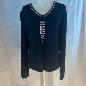 Carducci Vintage Sweater Black Pink  Detail V Neck Long Sleeve Lightweight XL